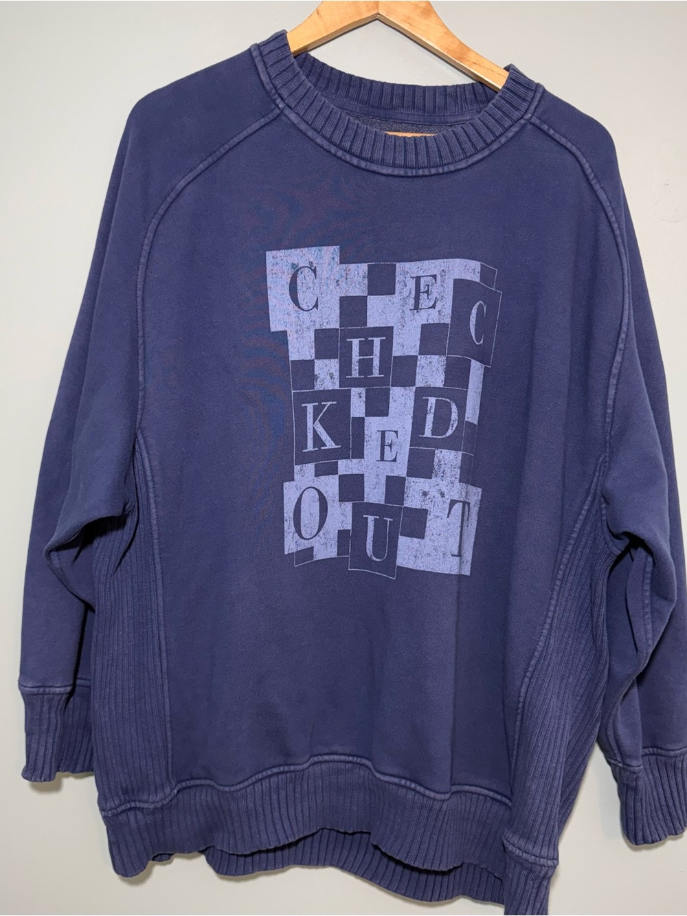 Women’s Aerie Navy Graphic Crewneck Sweatshirt “Checked Out”